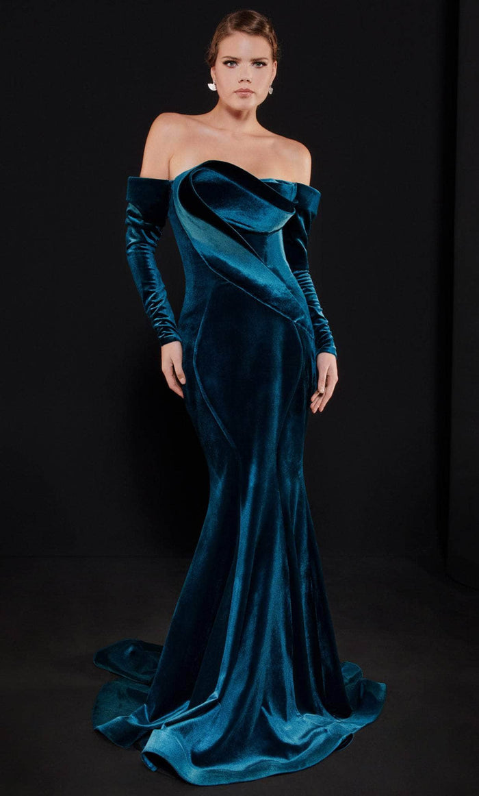 MNM COUTURE N0522 - Long Sleeve Seamed Evening Gown Special Occasion Dress 4 / Petrol