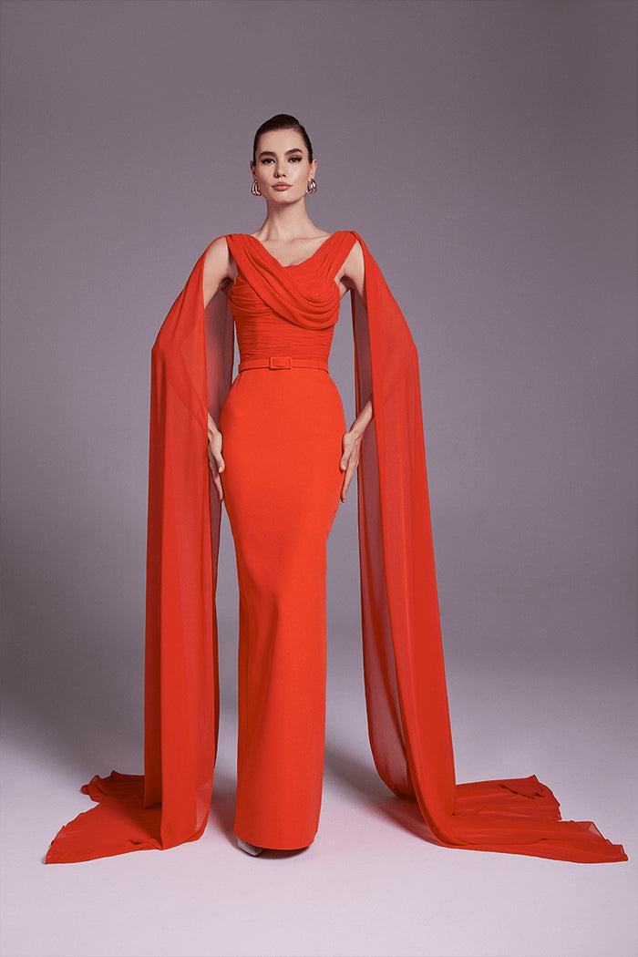 MNM COUTURE N0534 - Shoulder Drape Crepe Gown Special Occasion Dress