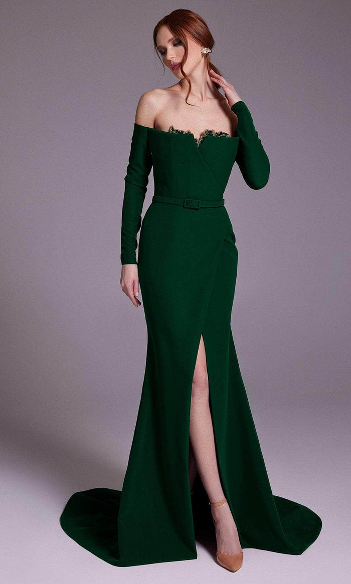MNM Couture N0541 - Off Shoulder Mermaid Crepe Gown Prom Dresses 4 / Green