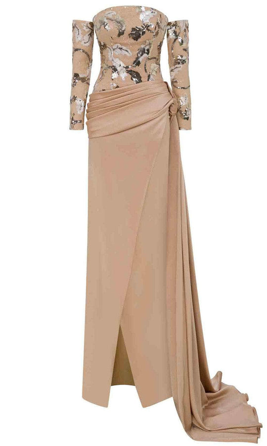 MNM Couture N0621 - Floral Sequin Pleated Long Gown