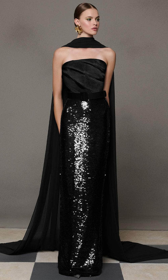 MNM Couture N0629A - Strapless Sequin Skirt Gown with Cape