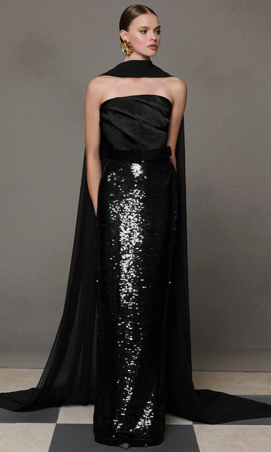 MNM Couture N0629A - Strapless Sequin Skirt Gown with Cape