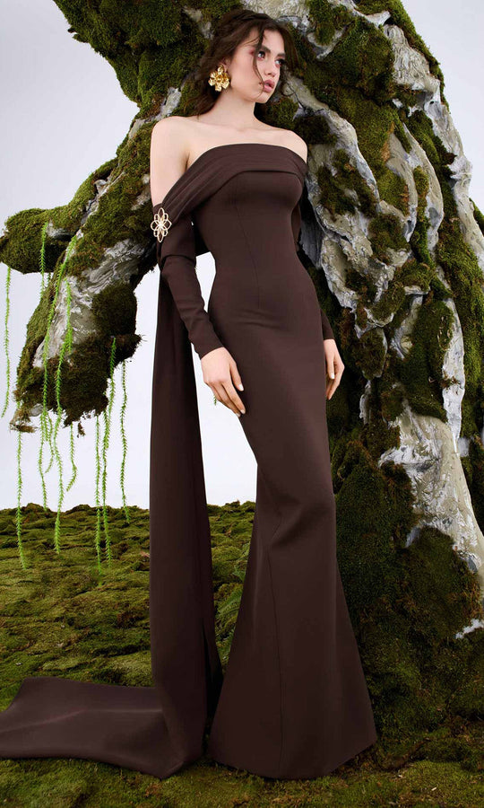 MNM COUTURE N0674 - Off Shoulder Column Gown with Pleated Detail