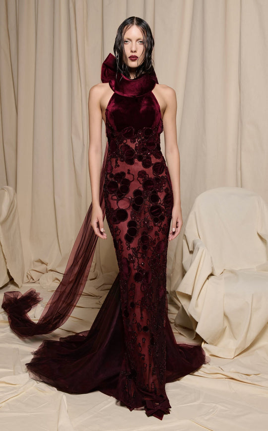 MNM COUTURE N0699 - Halter Illusion Bow Train Evening Gown