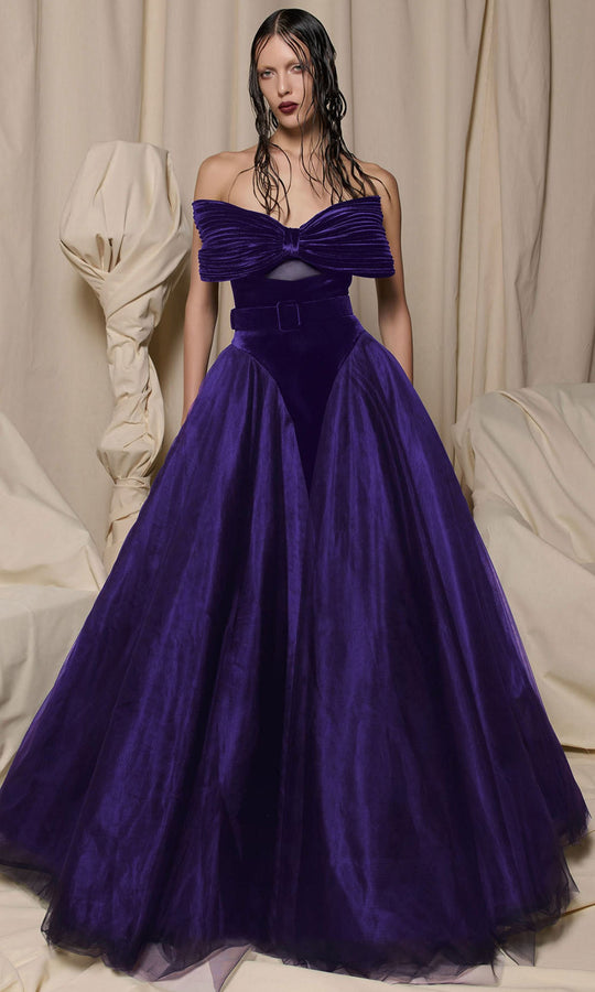 MNM COUTURE N0713 - Pleated Bow Strapless Velvet Ballgown