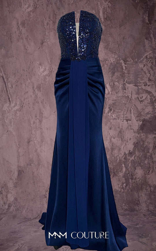 MNM COUTURE Q7545 - Column Strapless Evening Gown with Front Drape