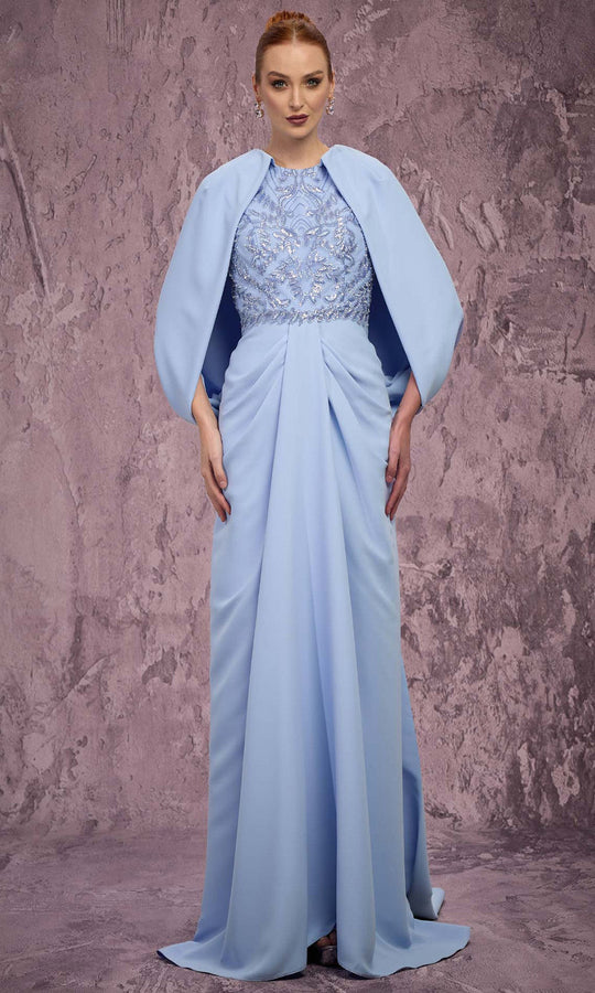MNM COUTURE Q7615 - Cape Sleeve Beaded Applique Evening Gown