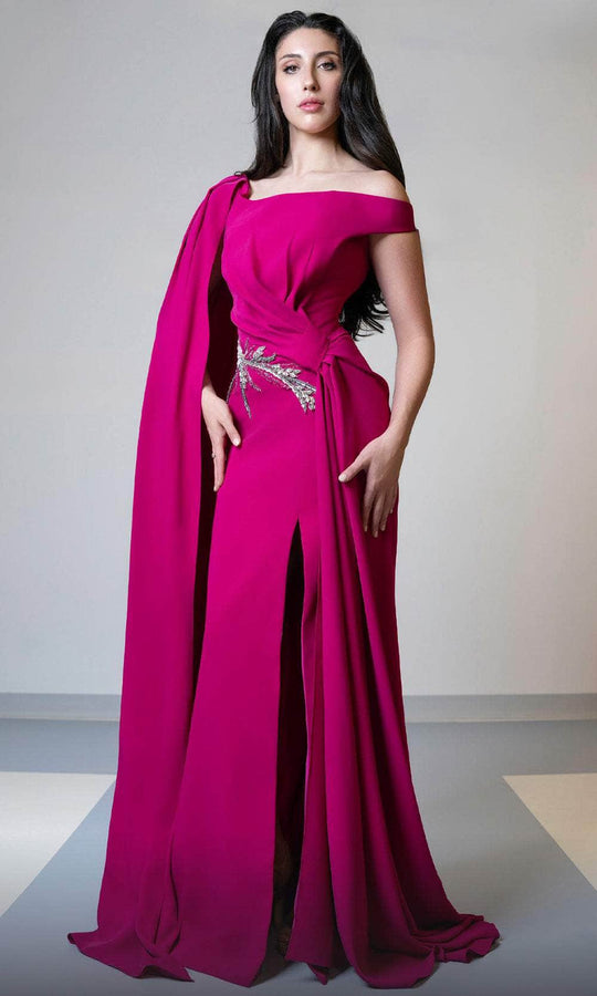 MNM Couture V02029A - One Shoulder Gown with Embellished Waist