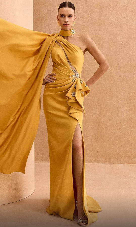 MNM Couture V02033 Cascading Cape Asymmetric Dress