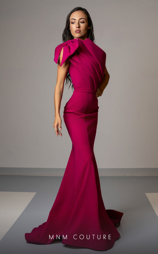 MNM Couture V07402 - Bow Detailed One Shoulder Evening Gown