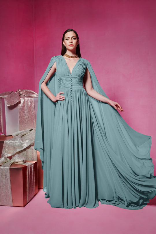 MNM Couture F02845 - Cape Sleeve V-Neck Organza Gown