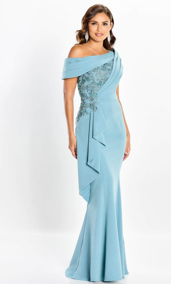 Montage by Mon Cheri M2208 - Off Shoulder Pleated Formal Gown Special Occasion Dress 4 / Lt Turquoise