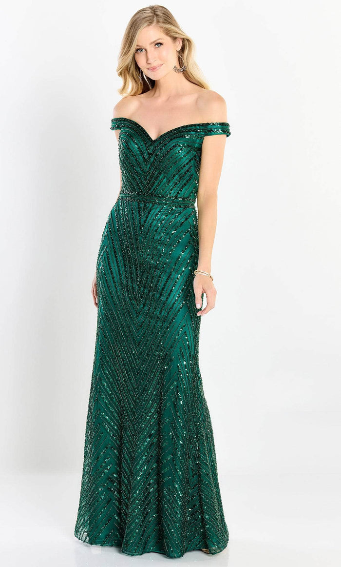 Montage by Mon Cheri M2215 - Sequined Off Shoulder Gown Special Occasion Dress 4 / Emerald