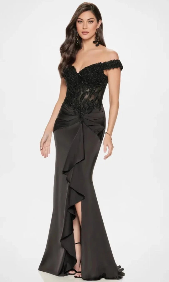 Montage by Mon Cheri M852 - Off-Shoulder Satin Gown with Ruffled Slit