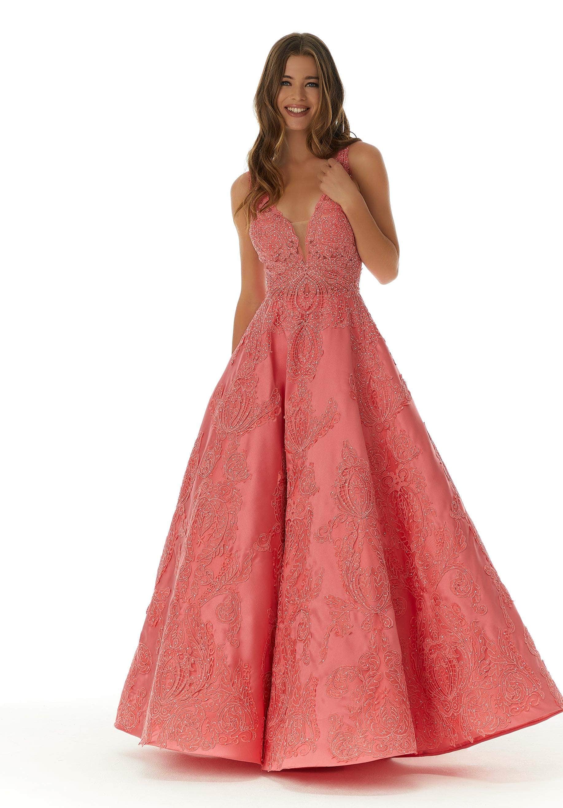 Mori Lee - 43089 Sleeveless V Neck Beaded Lace Appliques Satin Gown 14 / Coral - Shop Mori Lee dresses on Couture Candy at CoutureCandy.com Mori Lee - 43089 Sleeveless V Neck Beaded Lace Appliques Satin Gown 14 / Coral - Shop Mori Lee dresses on Couture Candy at CoutureCandy.com