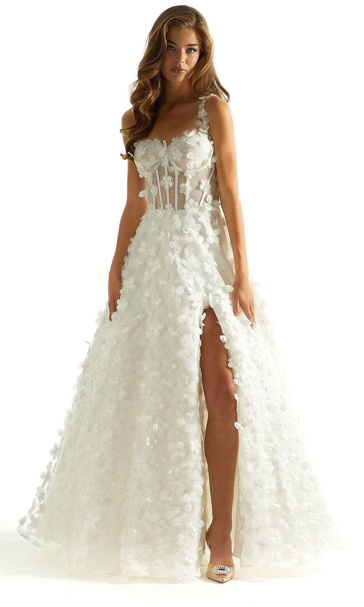 Mori Lee Patterned Glitter Tulle Prom Dress In Blush/Champagne