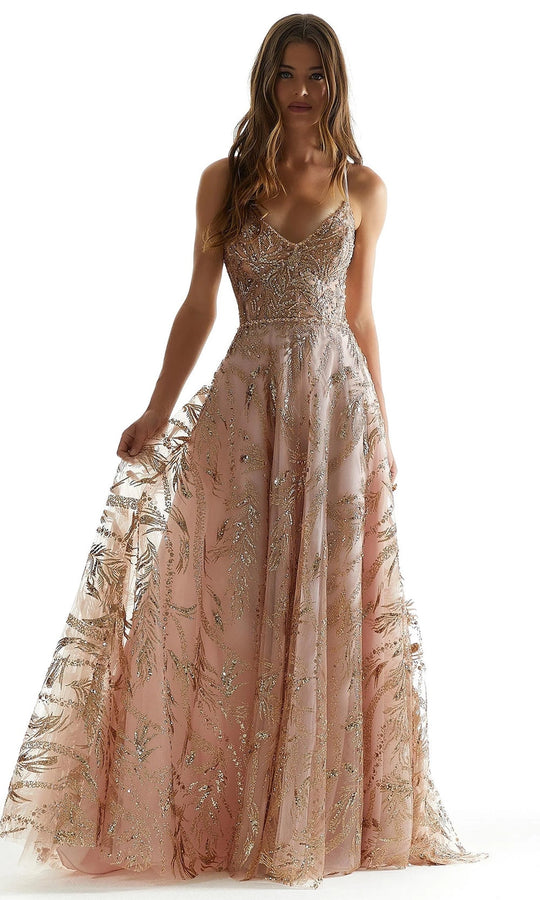Mori Lee 49323 - Leaf Patterned V-Neckline Prom Gown