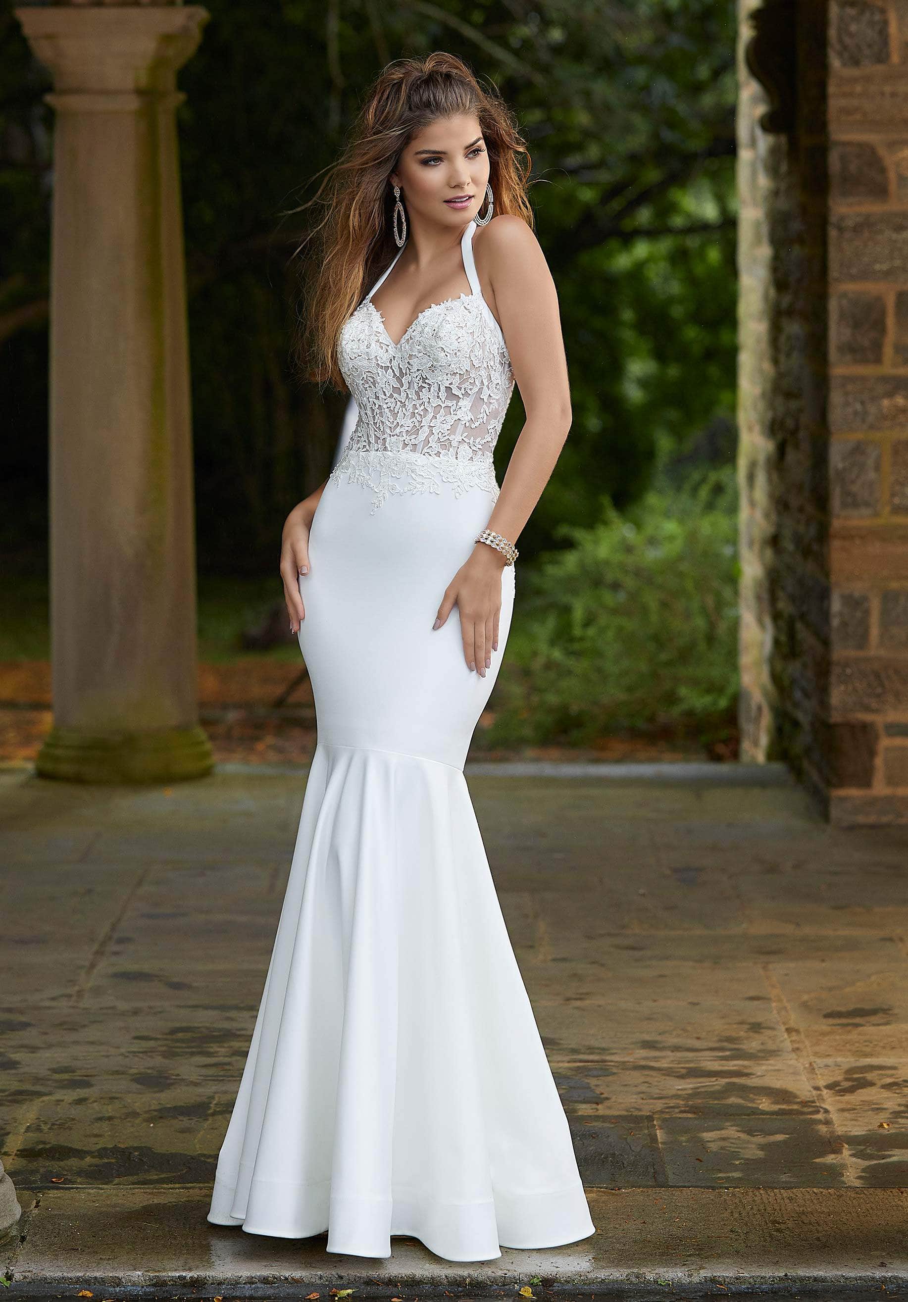 Mori Lee 43061SC - Long Mermaid Dress - Halter Straps, Rhinestones, Lace Appliques, Boned Bodice, Lace Up Back, Sweep Train Couture Candy Mori Lee 43061SC - Long Mermaid Dress - Halter Straps, Rhinestones, Lace Appliques, Boned Bodice, Lace Up Back, Sweep Train Couture Candy