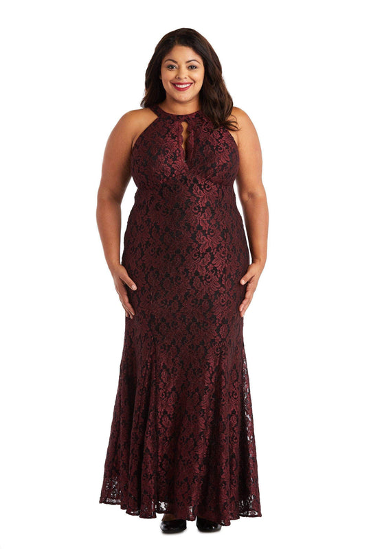 Nightway 21689W - Lace Cutout Trumpet Dress Special Occasion Dress 14W / Black/Burgundy