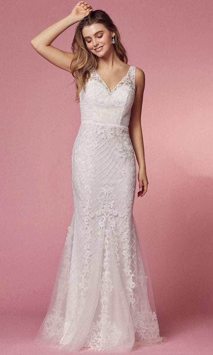 Nox Anabel Bridal A398W - Lace Applique V-Neck Bridal Dress Bridal Dresses 14 / White