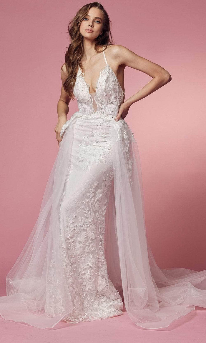 Nox Anabel Bridal F485W - V-Neck Embroidered Long Dress Bridal Dresses 2 / White