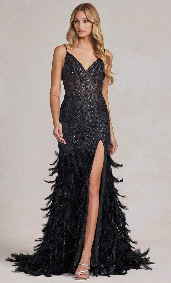 Nox Anabel C1119 - V-Neck Feathered Mermaid Prom Dress Prom Dresses 00 / Black
