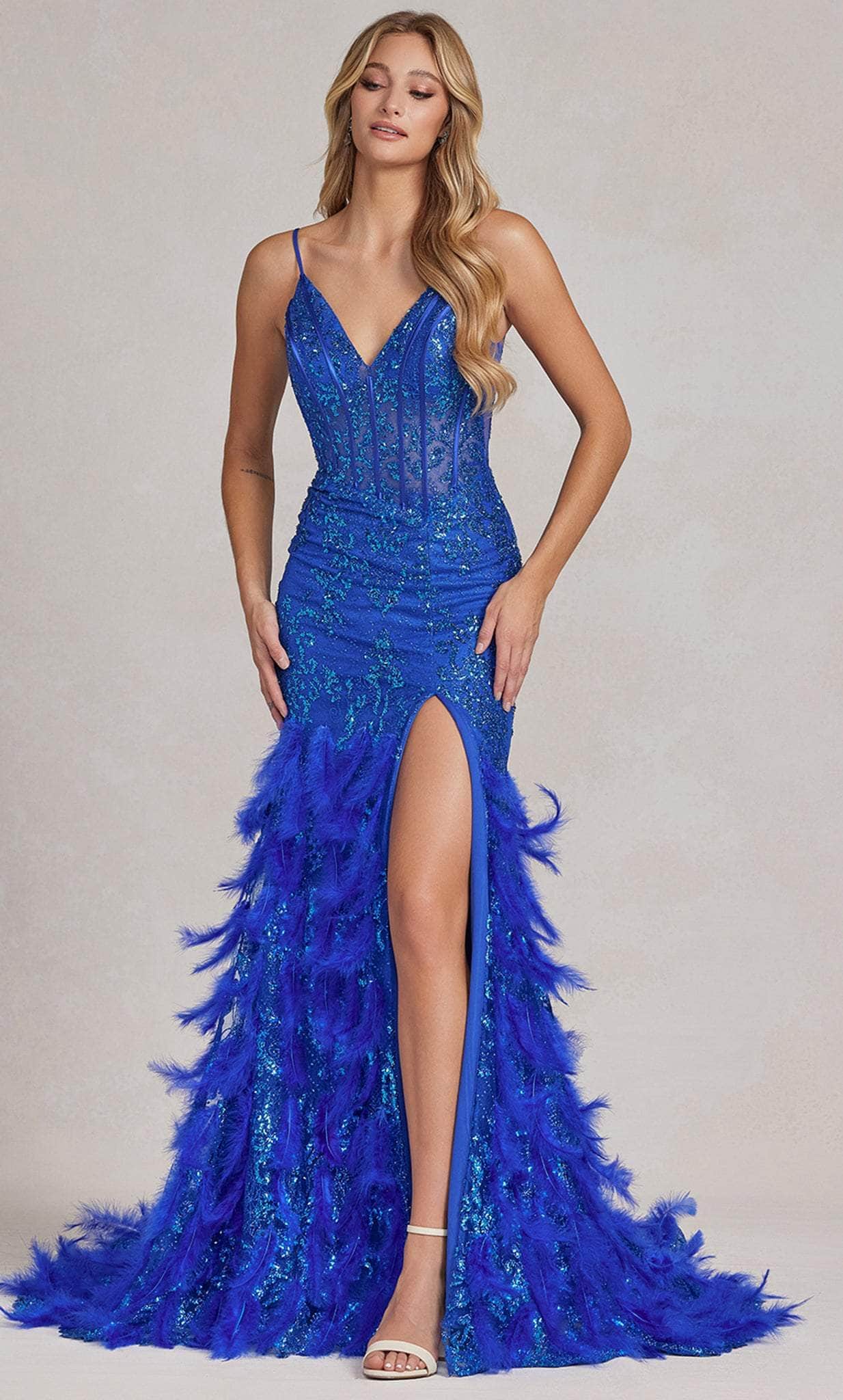 Nox Anabel C1119 - V-Neck Feathered Mermaid Prom Dress – Couture Candy