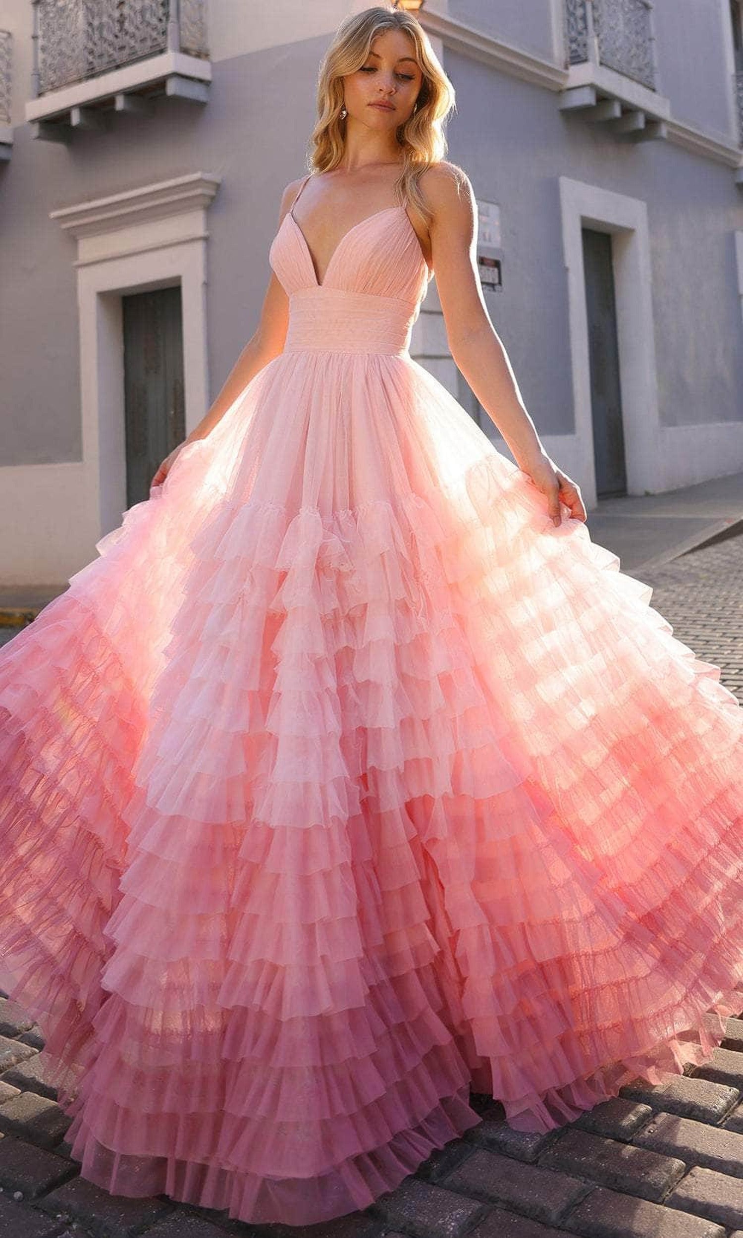 ombre prom dress Nox Anabel C1420 Stretch Tulle Color:Barely Pink Cute Blue Homecoming Dress, INV-81654