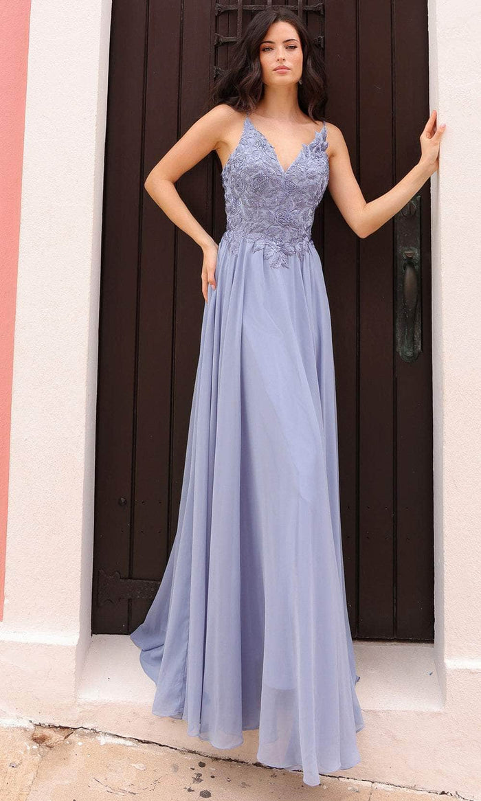 Nox Anabel C1462 - Floral Embroidered V-Neck Prom Dress Special Occasion Dress 4 / Dusty Blue