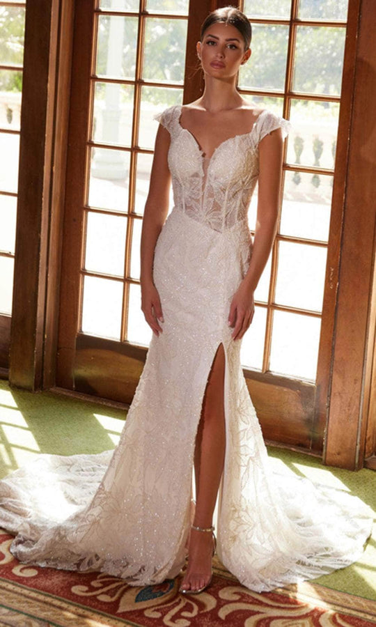 Nox Anabel C1600W - Lace Applique Sheath Gown with Slit