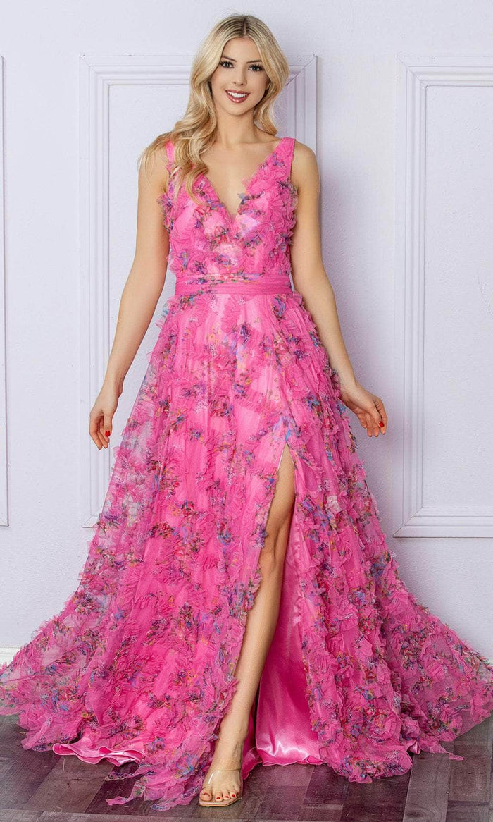 Nox Anabel E1445 - Floral Print Ruffles Prom Dress Special Occasion Dress 4 / Fuchsia