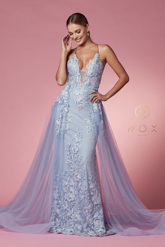 Nox Anabel - F485 Beaded Lace Deep V Neck Trumpet Dress