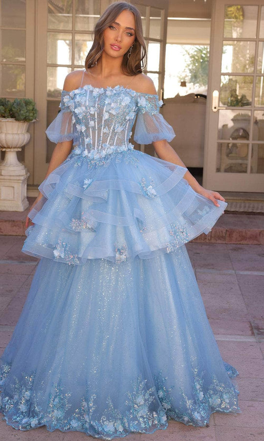 Nox Anabel H1360 - Illusion Puff Sleeve A-Line Evening Dress