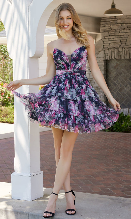 Nox Anabel M992 - Tiered Floral Dress with Ruched Waist