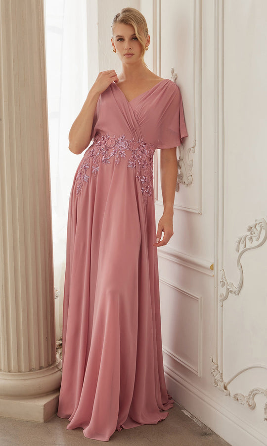 Nox Anabel ME152 - Flutter Sleeve Chiffon Applique Gown