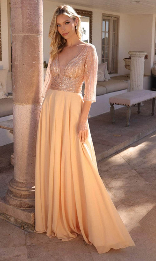 Nox Anabel MF101 - Glitter Mesh Deep V Chiffon Gown