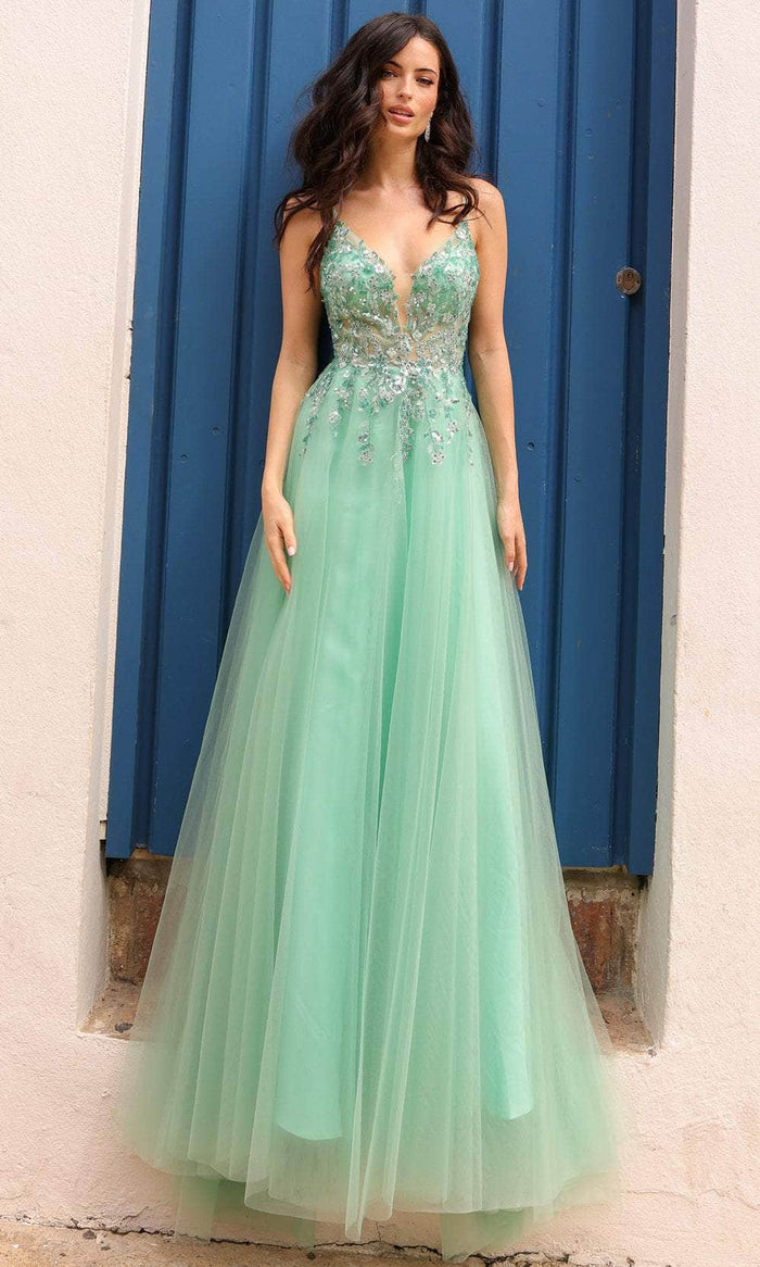 Nox Anabel Q1391 - Illusion Embroidered A-Line Prom Dress Special Occasion Dress 0 / Dusty Sage