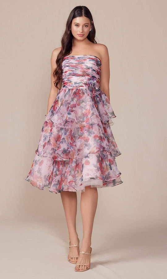 Nox Anabel Q842 - Strapless Floral Printed Knee-Length Dress