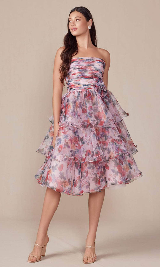 Nox Anabel Q842 - Strapless Floral Printed Knee-Length Dress
