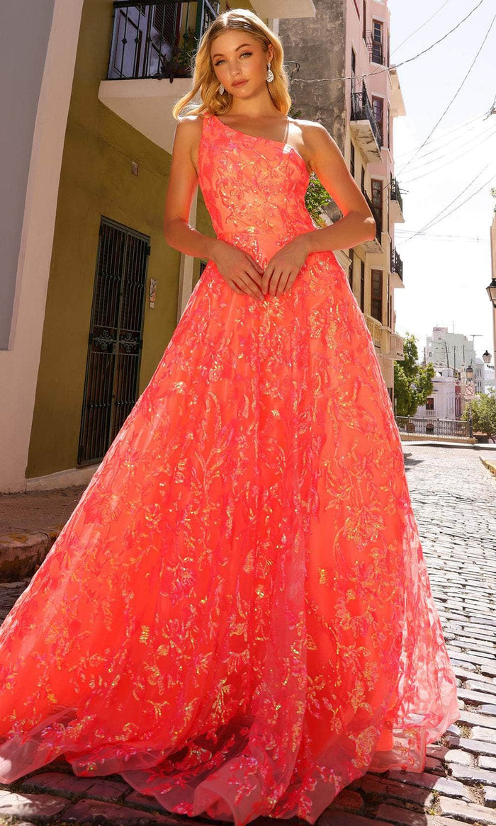 Nox Anabel R1305 - Asymmetrical One-Sleeve Prom Gown Prom Dresses 0 / Neon Peach