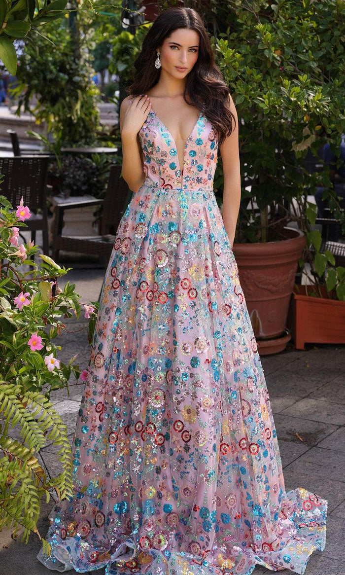 Nox Anabel R1430 - Plunging V-Neck Sequin Embellished Prom Gown Prom Dresses 0 / Multi