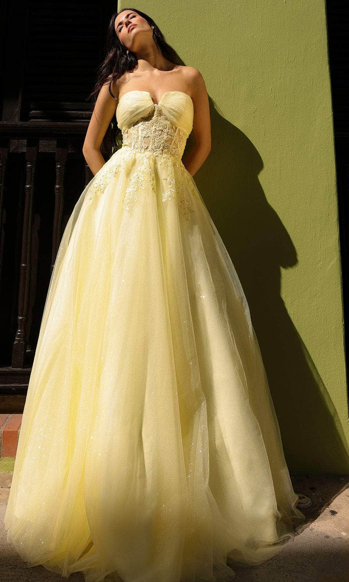 Nox Anabel T1326 - Strapless Embellished Corset Prom Dress Special Occasion Dress 4 / Lemon