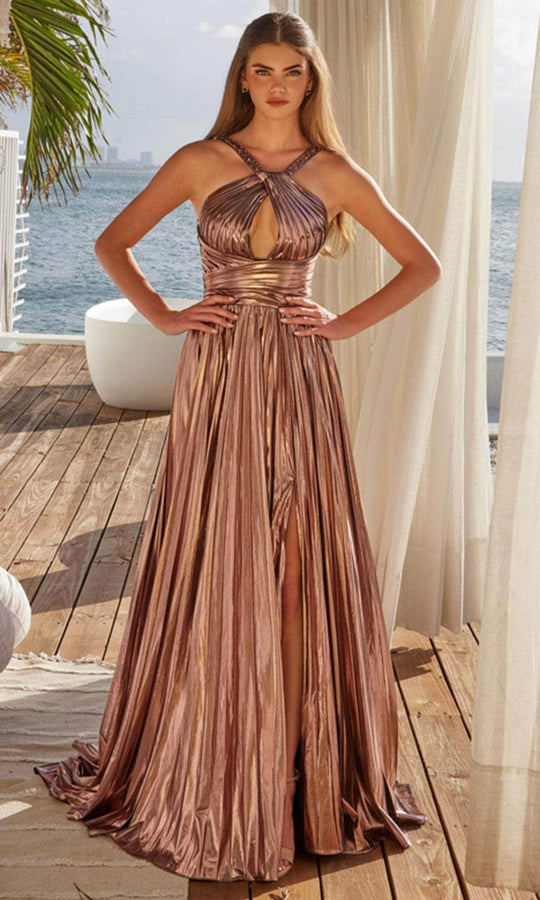Nox Anabel Y1548 - Pleated Metallic Gown with Slit