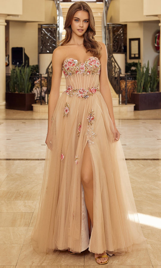 Nox Anabel Y1803 - Floral Applique Corset Tulle Gown