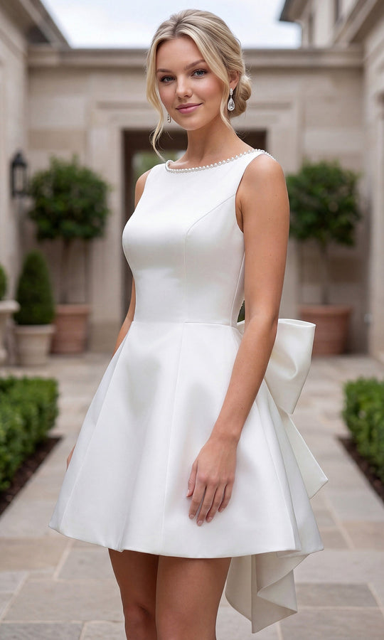 Nox Anabel Y7001W - Pearl Trim Oversized Back Bow Short Dress