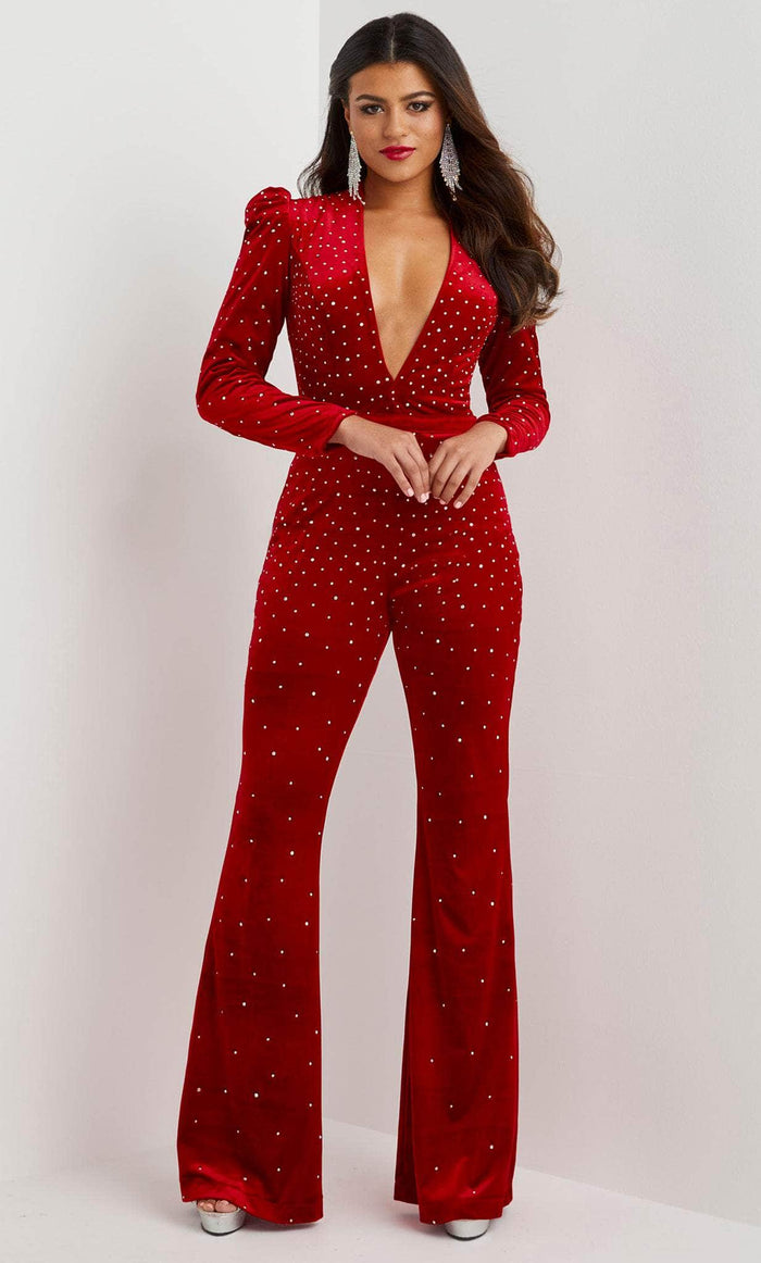 Panoply 14125 - Jeweled Velvet Evening Jumpsuit Formal Pantsuits 0 / Red