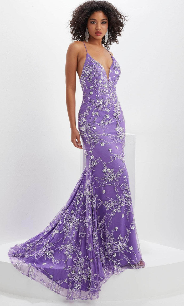 Panoply 14127 - Lace Up Sequin Evening Gown Evening Dresses 0 / Orchid