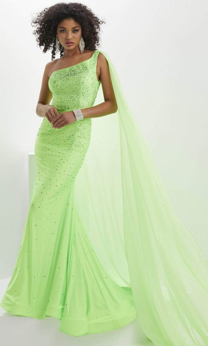 Panoply 14135 - One Shoulder Evening Gown With Cape Evening Dresses 0 / Lime