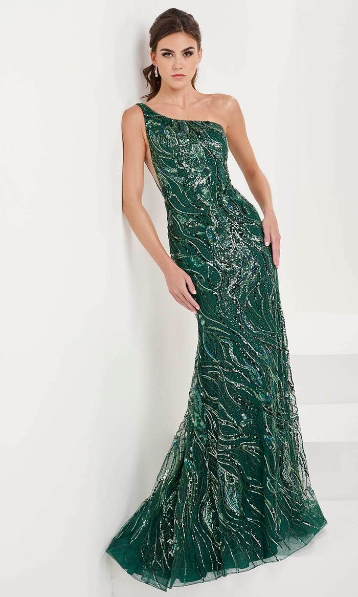 Panoply 14188 - One Shoulder Swirl Evening Gown Evening Gown 0 / Sparkle Forest