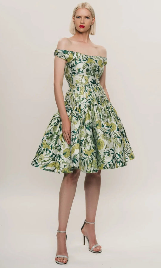 Park 108 M905 - Off Shoulder Metallic Floral A-Line Dress